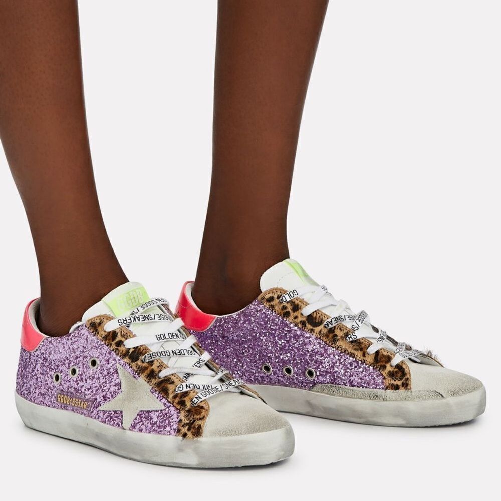 Authentic Golden Goose Purple Glitter Hot Pink Heel & leopard Superstar shoes